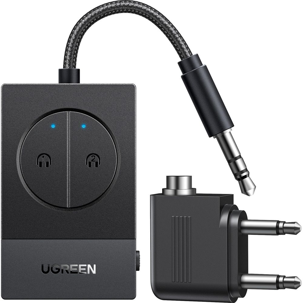 Czarny adapter audio UGREEN z ikonami słuchawek, kablem i adapterem lotniczym.