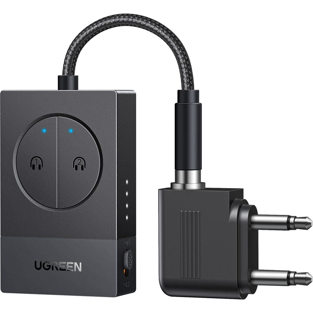 Czarny adapter audio UGREEN z dwoma symbolami słuchawek i wtyczką lotniczą.