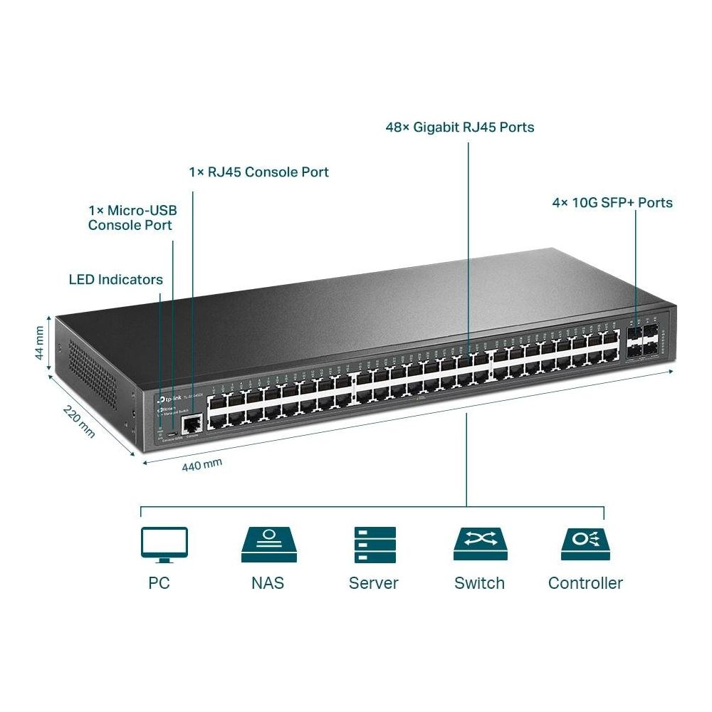 Ein schwarzer Netzwerk-Switch mit 48 Gigabit-RJ45-Ports und 4x 10G SFP+-Ports.