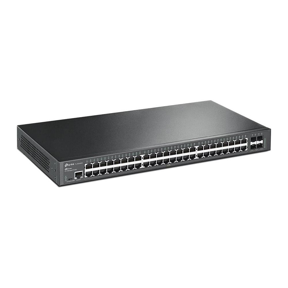 Ein schwarzer Netzwerk-Switch mit vielen Anschlüssen auf der Vorderseite.