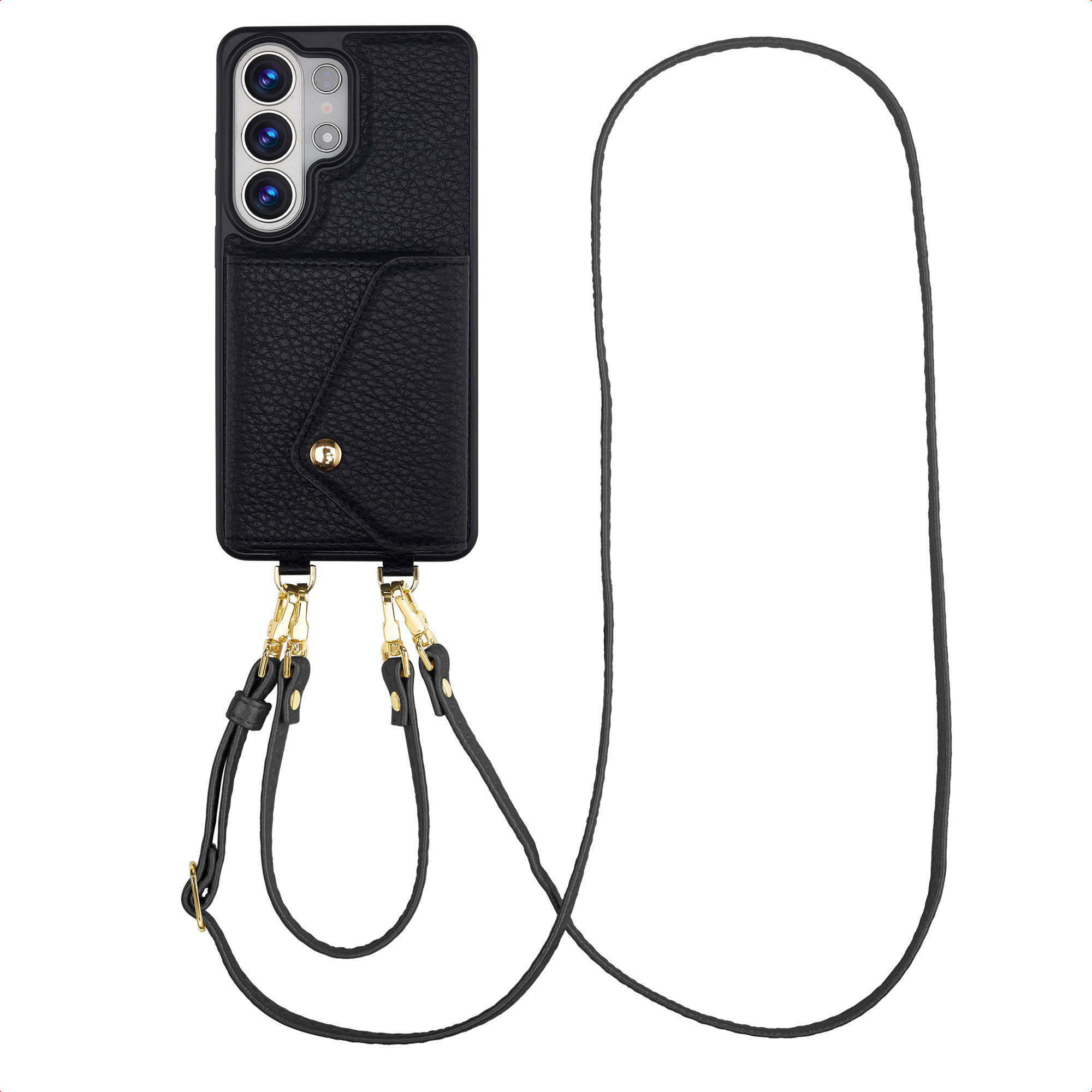 Coque noire pour téléphone avec trois caméras, poche et lanière.