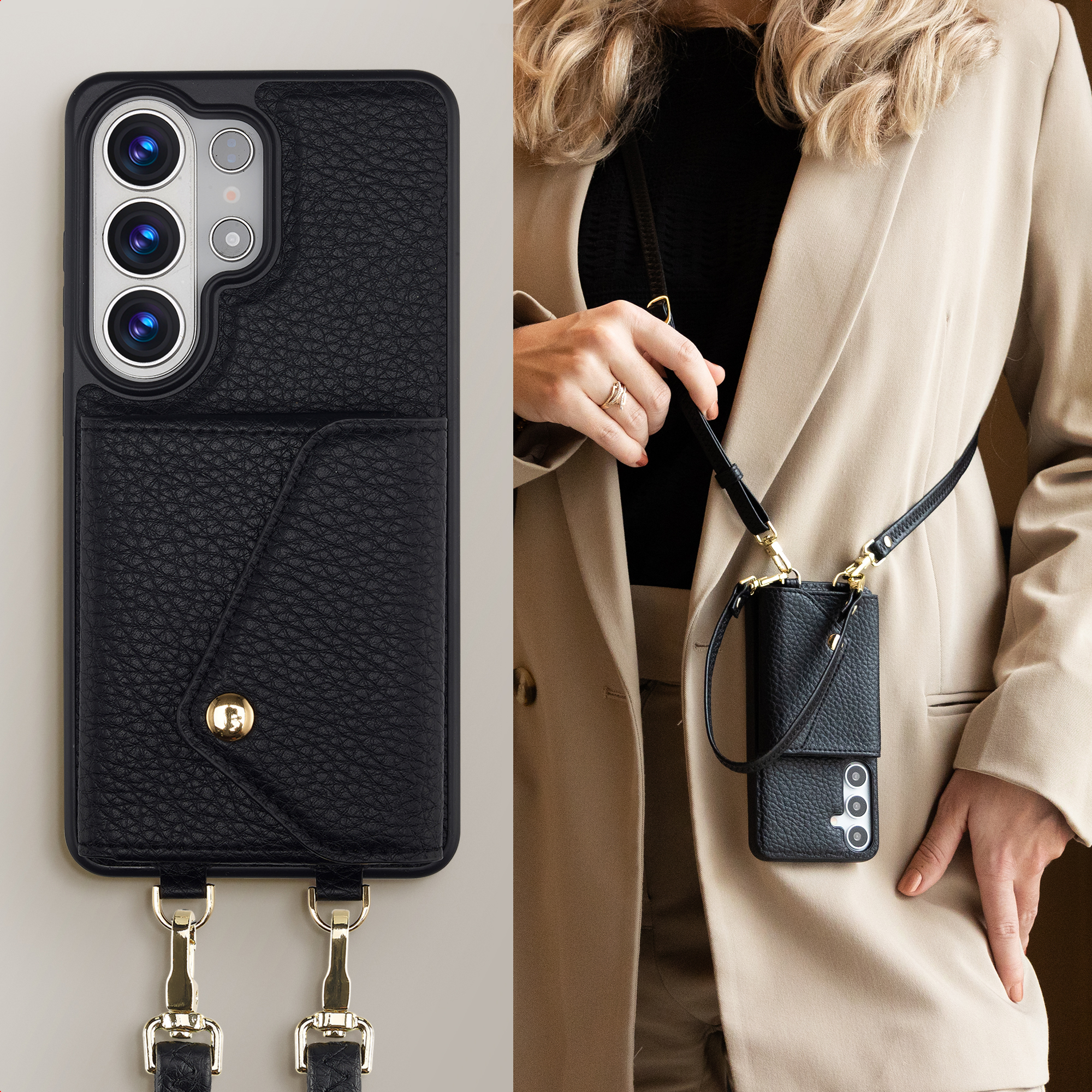 Étui de téléphone en cuir noir avec découpes caméra et bouton doré, porté par une femme.