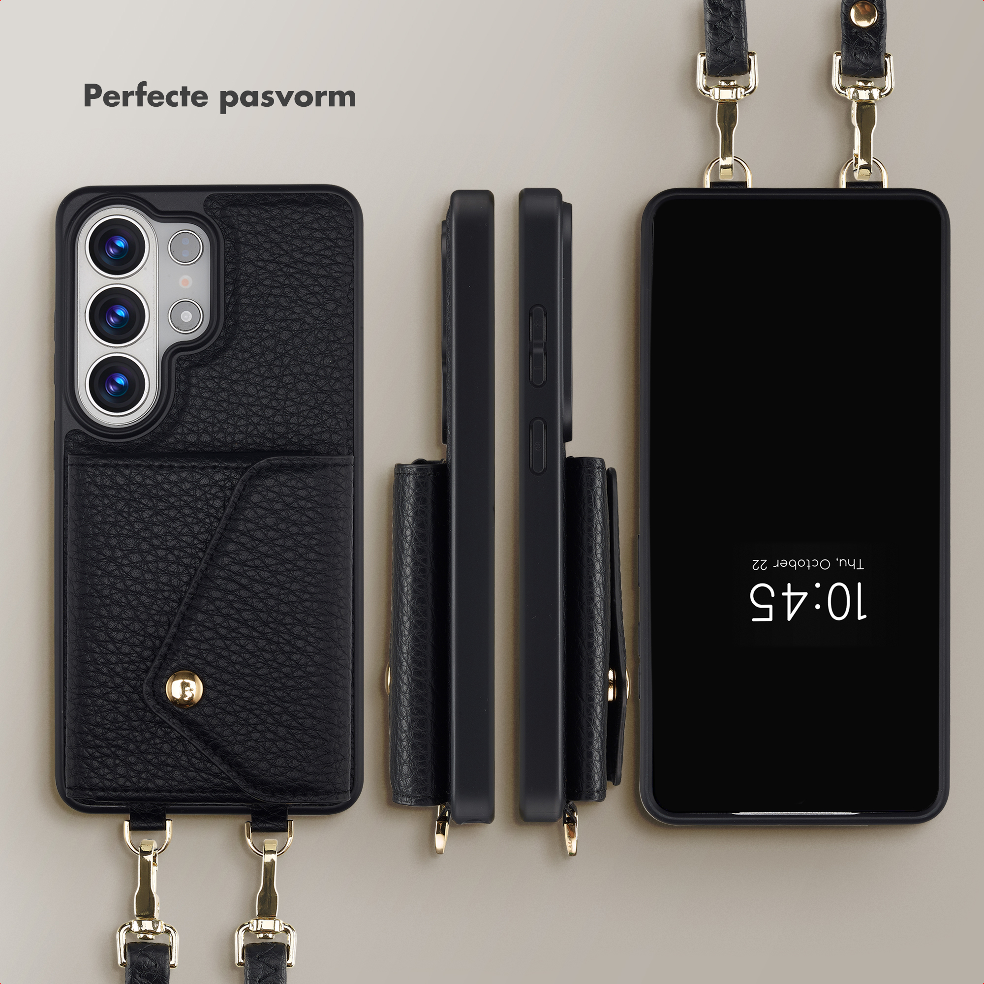 Coque de téléphone noire avec porte-cartes et lanière, à côté un téléphone affichant l'heure.