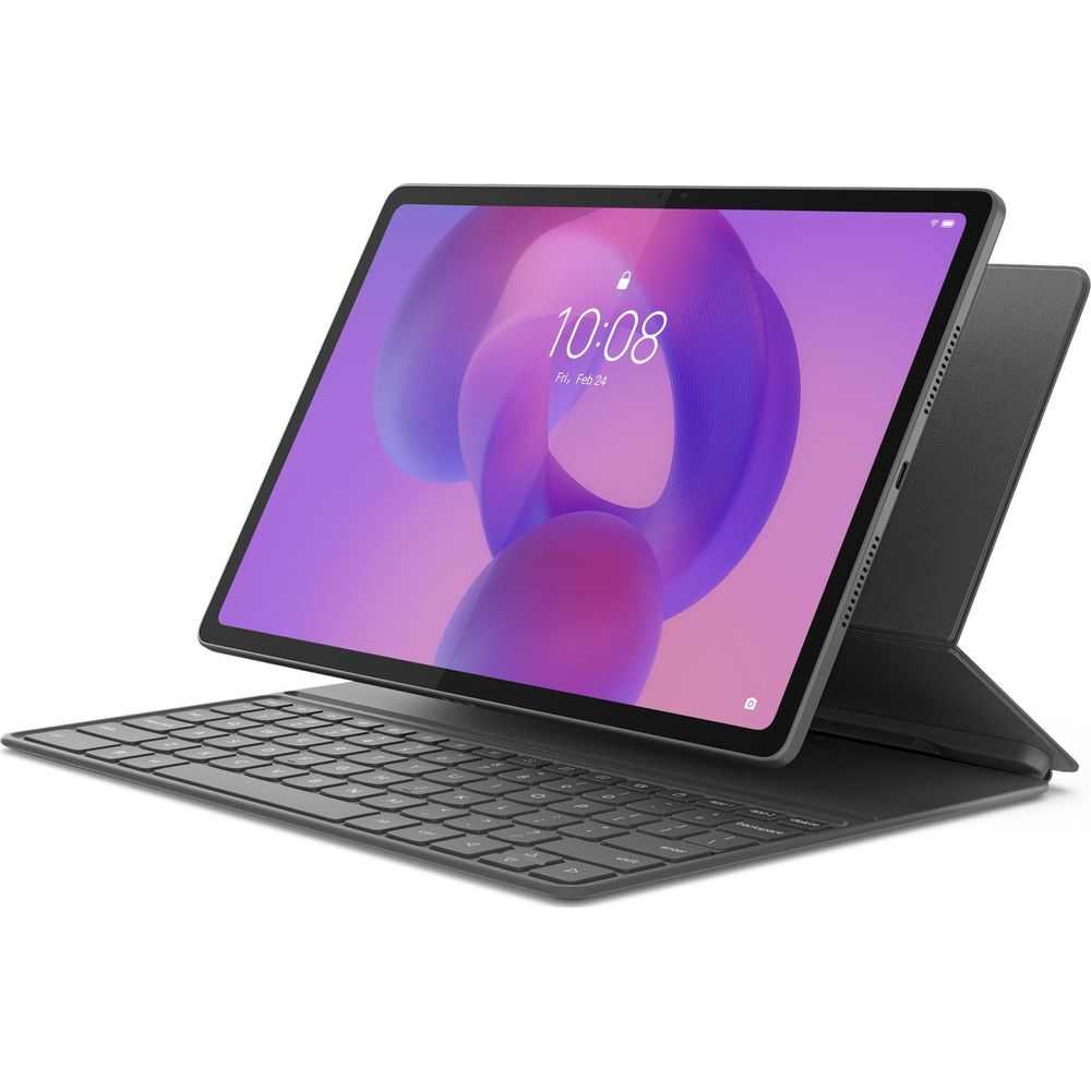 Un tablet nero con tastiera collegata, su sfondo bianco.