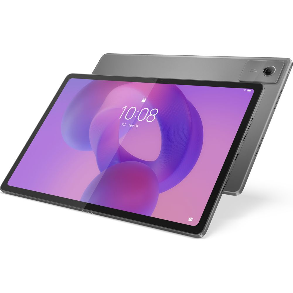 Tablet grigio con sfondo viola che mostra le 10:08.