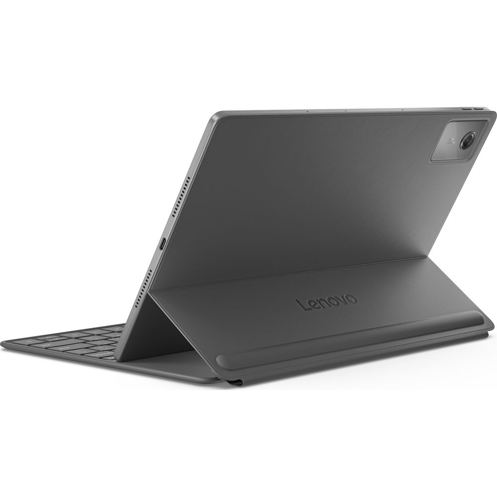 Un tablet Lenovo grigio con supporto tastiera allegato.