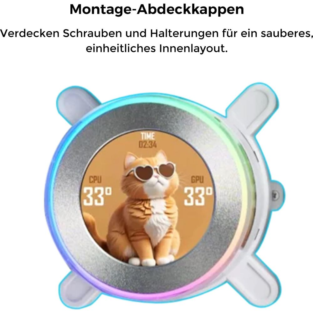 Ein Lüfter mit einem Katzendisplay, zeigt CPU und GPU Temperatur an.