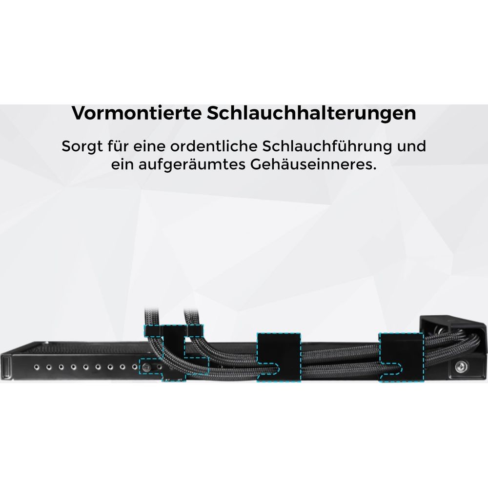Vormontierte Schlauchhalterungen für ordentliche Schlauchführung.