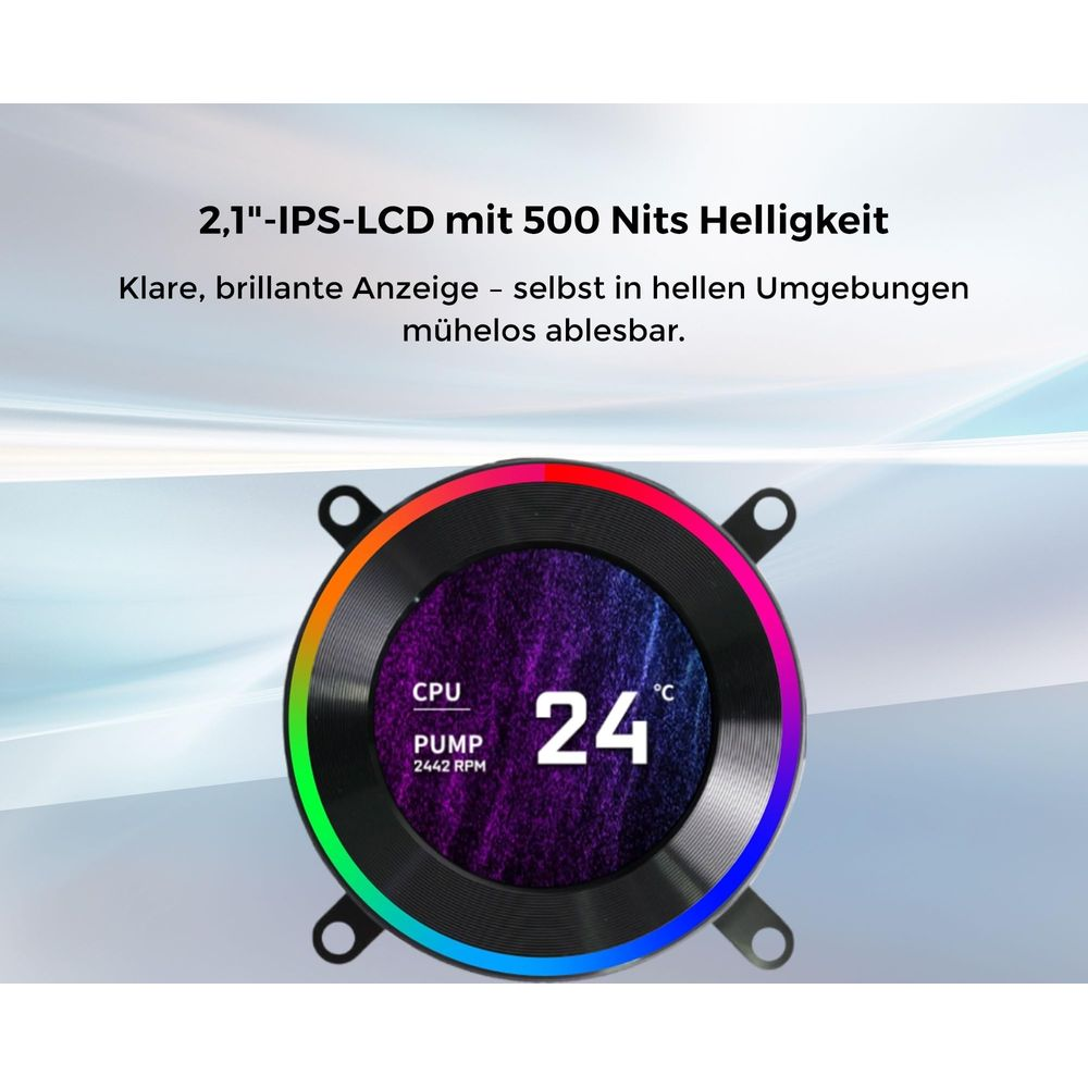 Ein runder Lüfter mit RGB-Beleuchtung zeigt 24°C CPU-Temperatur an.