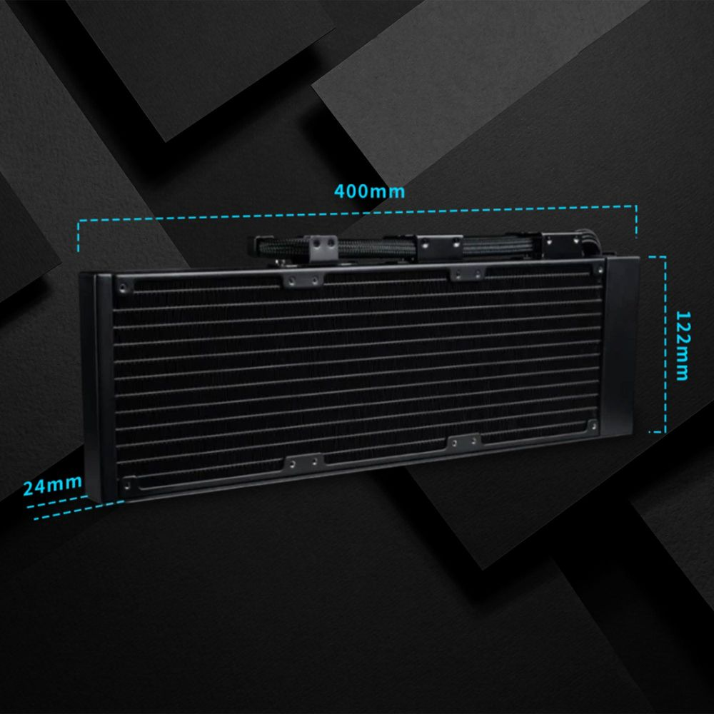 Schwarzer Radiator mit Maßangaben: 400mm lang, 122mm hoch, 24mm dick.