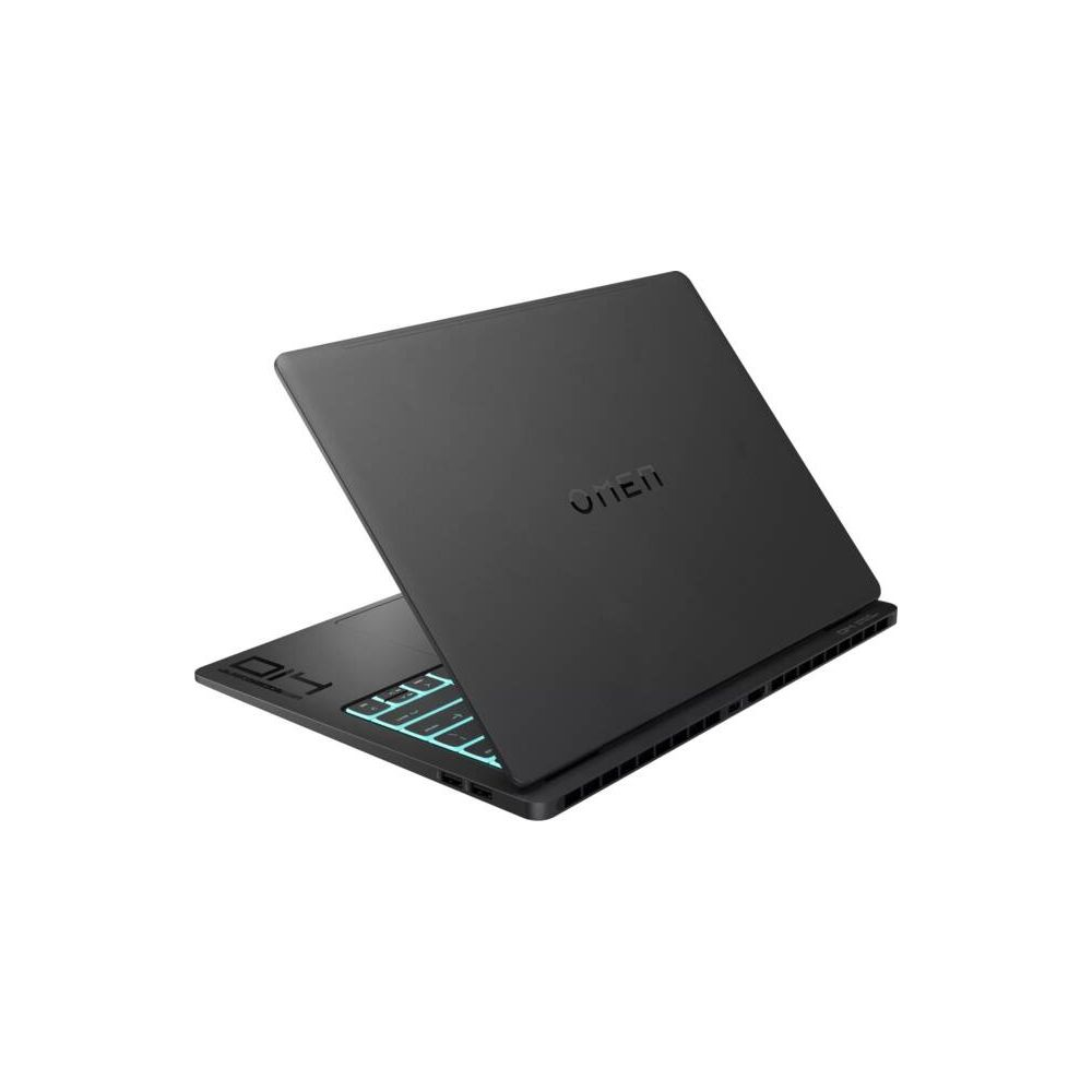 Schwarzer Laptop mit beleuchteter Tastatur und Omen-Logo auf dem Deckel.