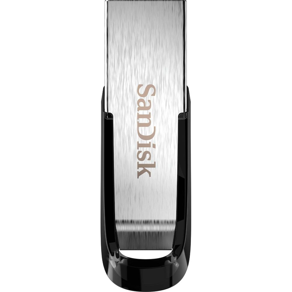Un'unità USB argentata con custodia nera e logo Sandisk.