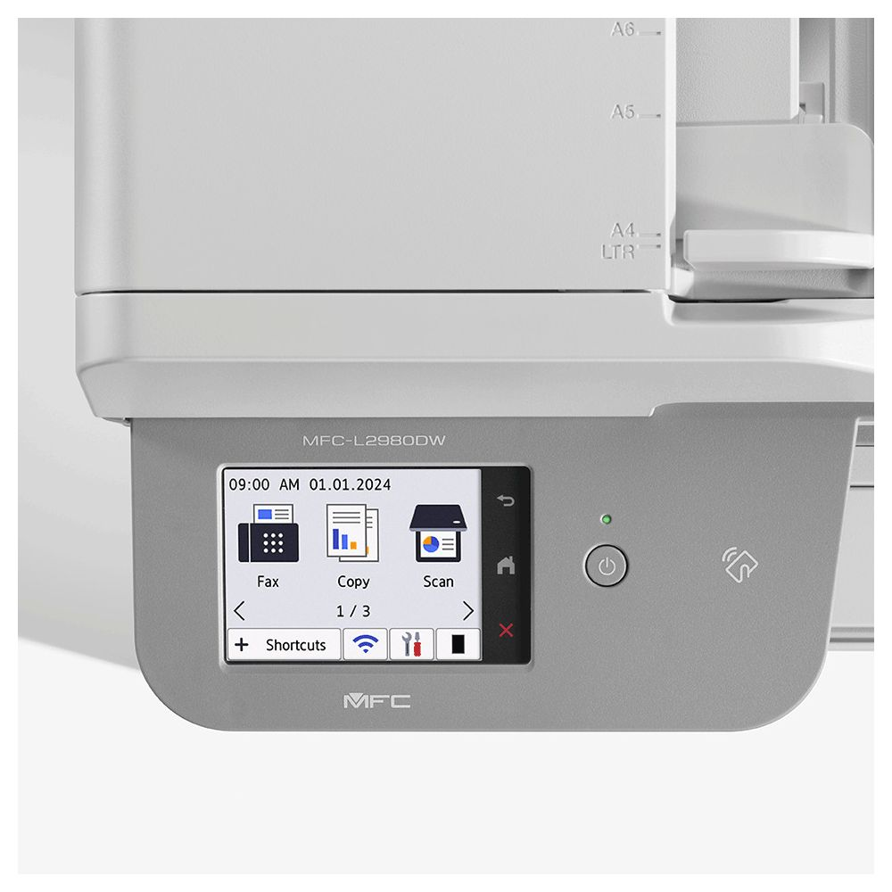 Gros plan d'une imprimante multifonction avec menu tactile pour Fax, Copie et Scan.