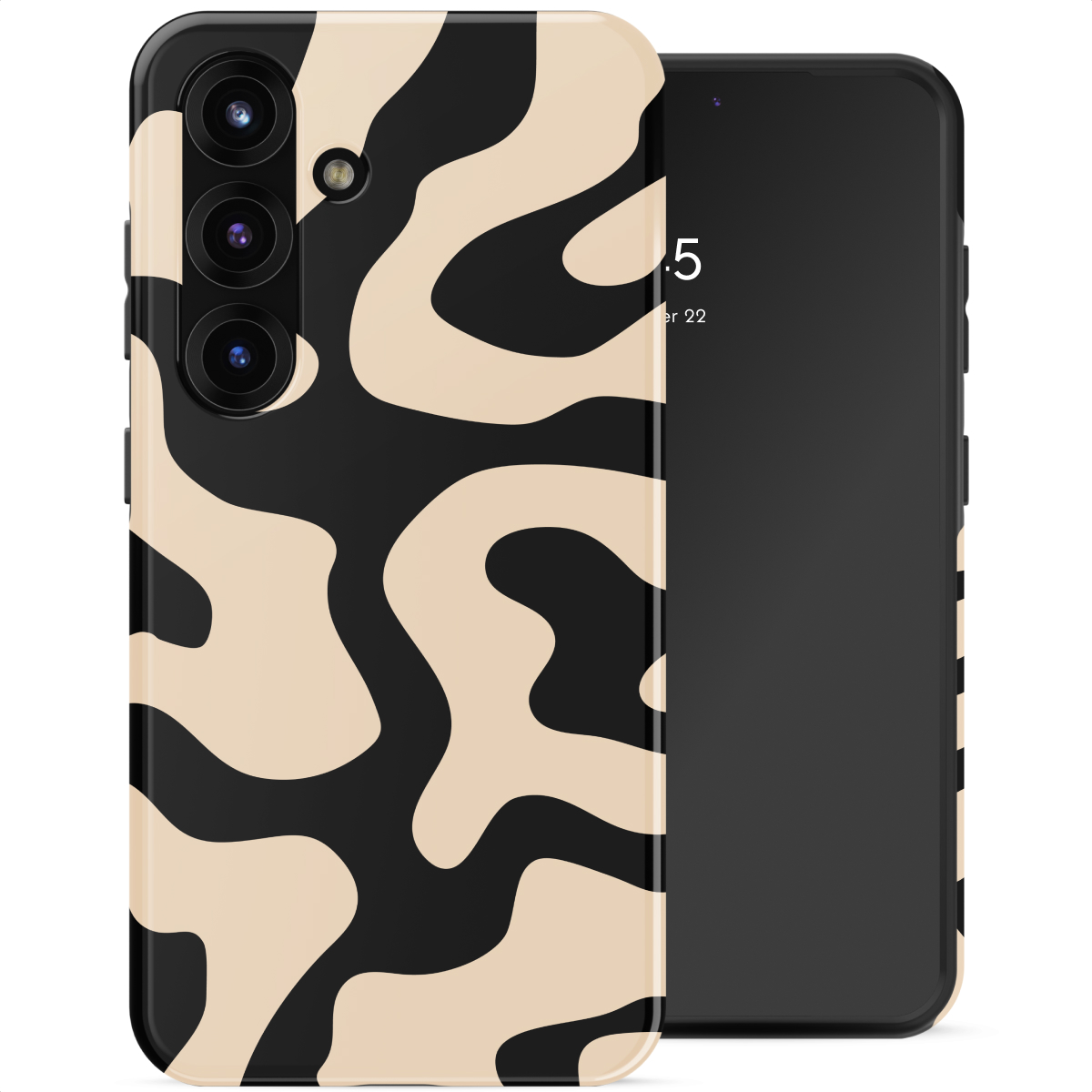 Een telefoon met een abstract zwart en beige patroon en camera's aan de achterkant.