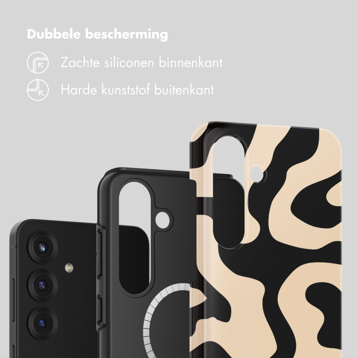Drie telefoonhoesjes naast elkaar: twee zwarte, één met beige-zwart patroon.