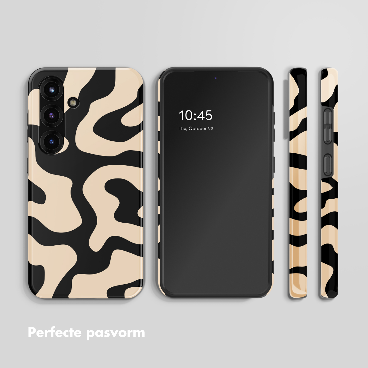 Een smartphone met een abstract patroon in beige en zwart.