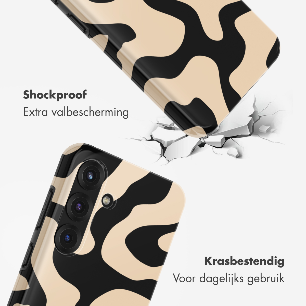 Telefoonhoesje met zwart-beige patroon breekt door vloer.