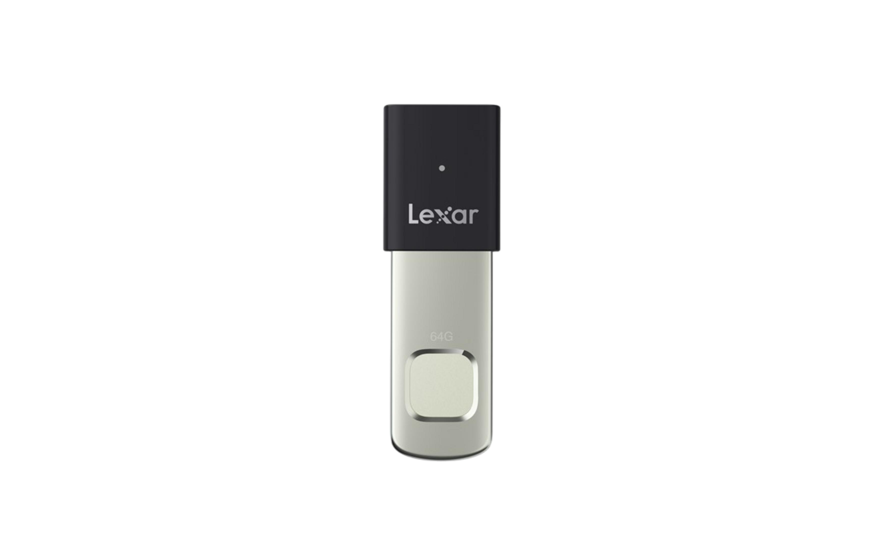 Un'unità USB argentata con cappuccio nero e logo Lexar.