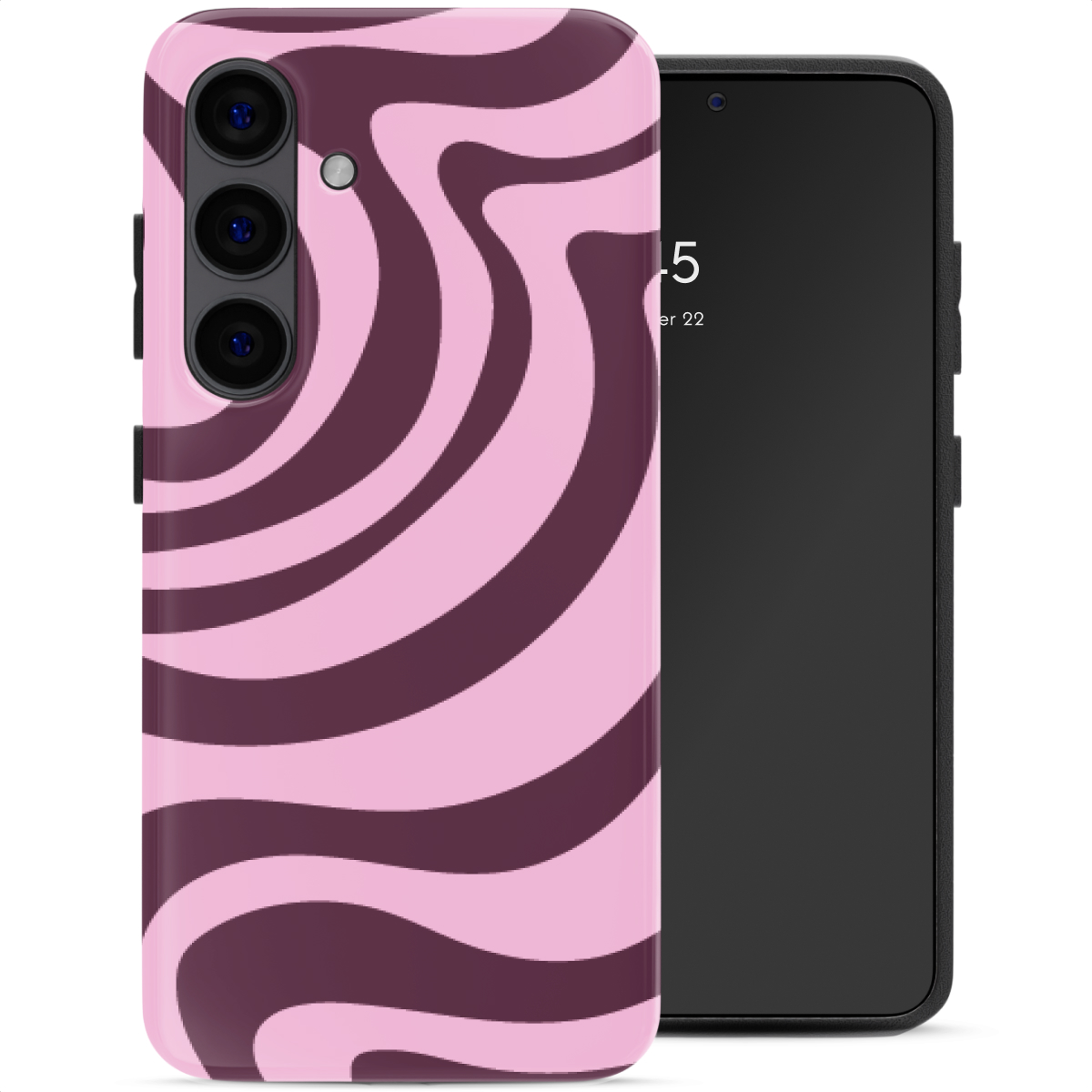 Une coque de téléphone rose à tourbillons marron à côté d'un smartphone noir.