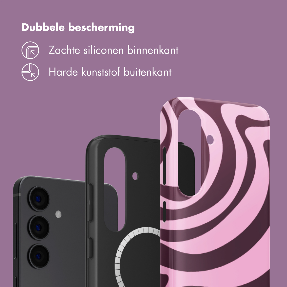 Trois coques de téléphone sur fond violet : une noire à trois caméras, une noire et une à tourbillons rose/marron.