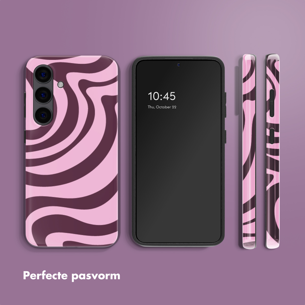 Un téléphone avec une coque à motif ondulé rose et marron.