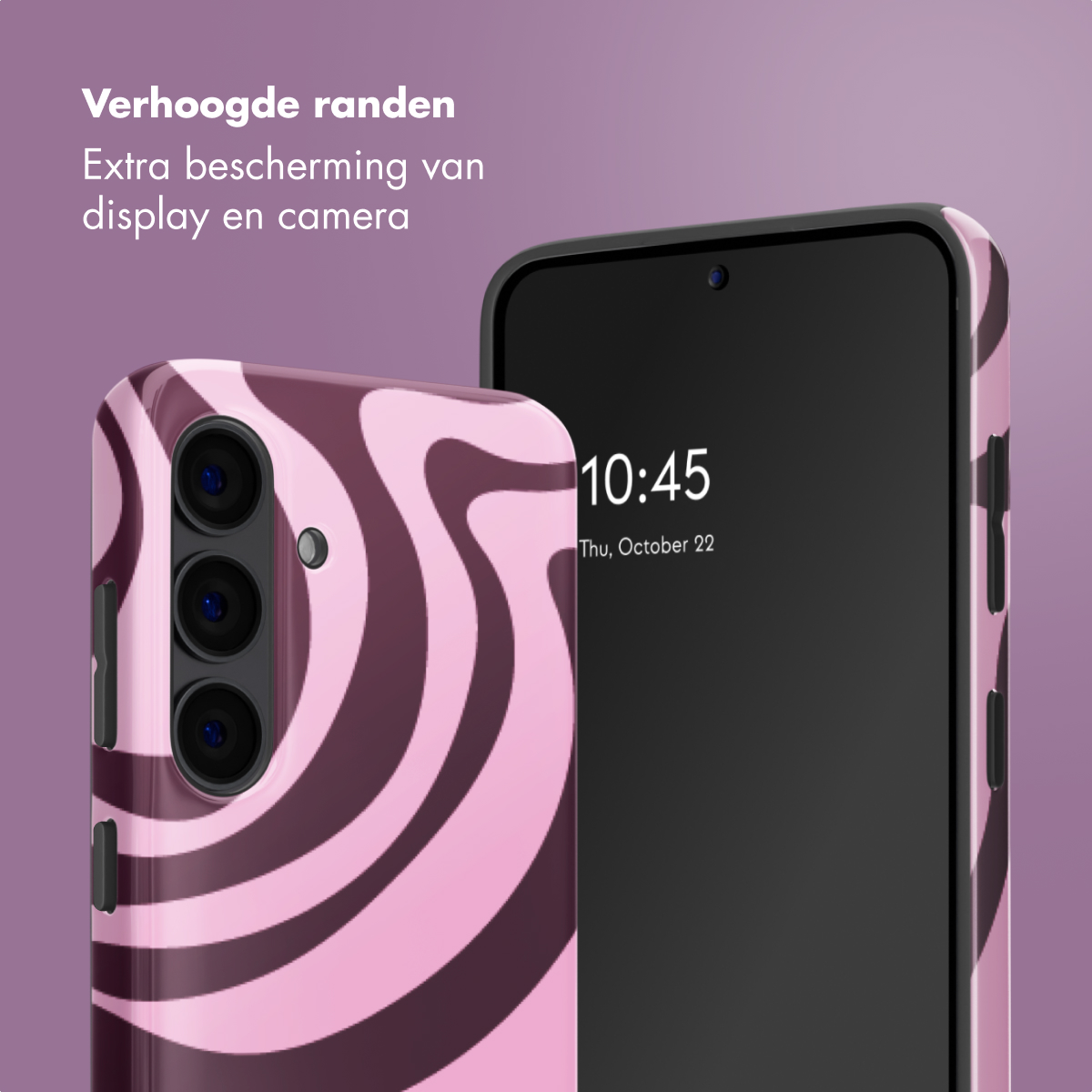 Un téléphone avec un étui à motif ondulé rose et marron, aux bords surélevés.