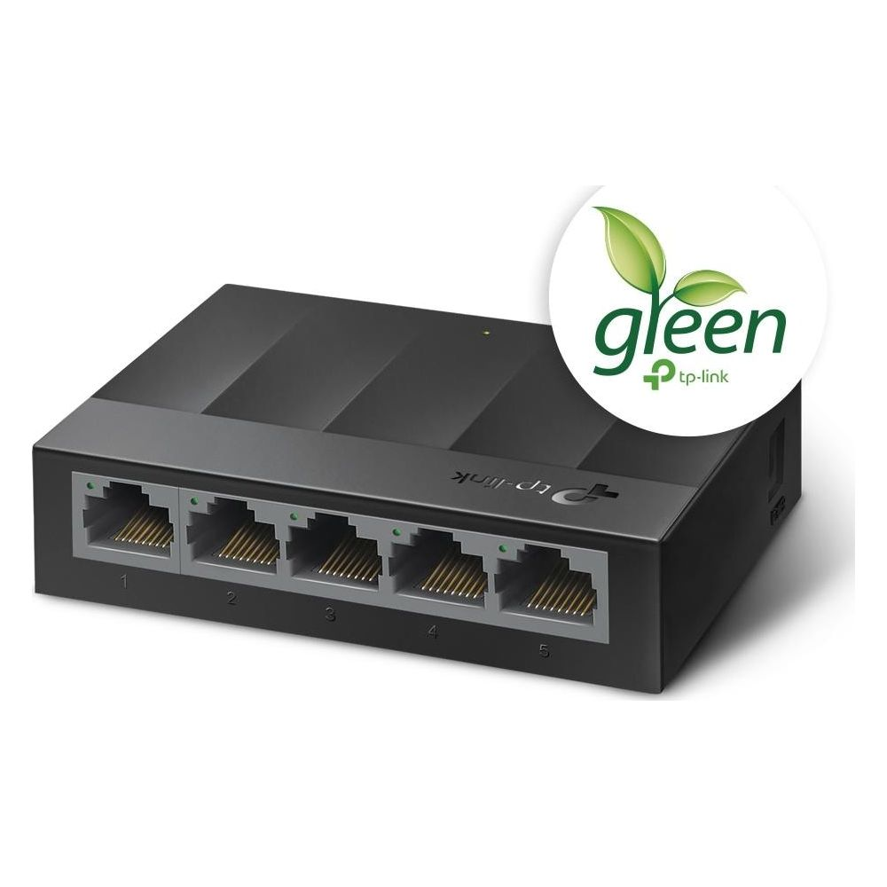 Un switch réseau noir 5 ports avec logo TP-Link et logo "Gleen".