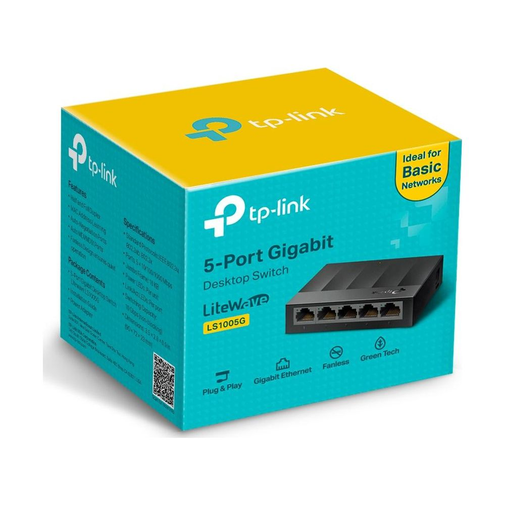 TP-Link 5-Port Gigabit Desktop Switch, LS1005G, sur une boîte turquoise.