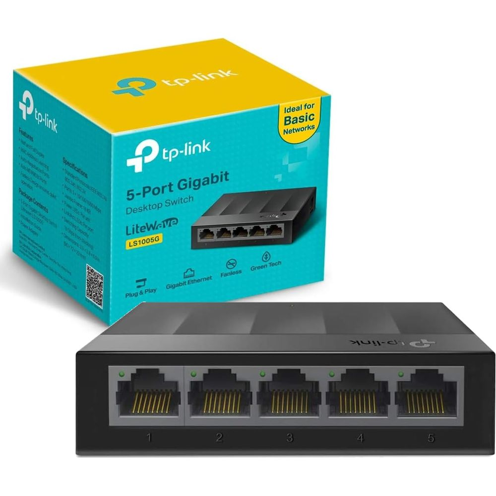 Switch de bureau TP-Link Gigabit 5 ports avec boîte. Cinq ports Ethernet.