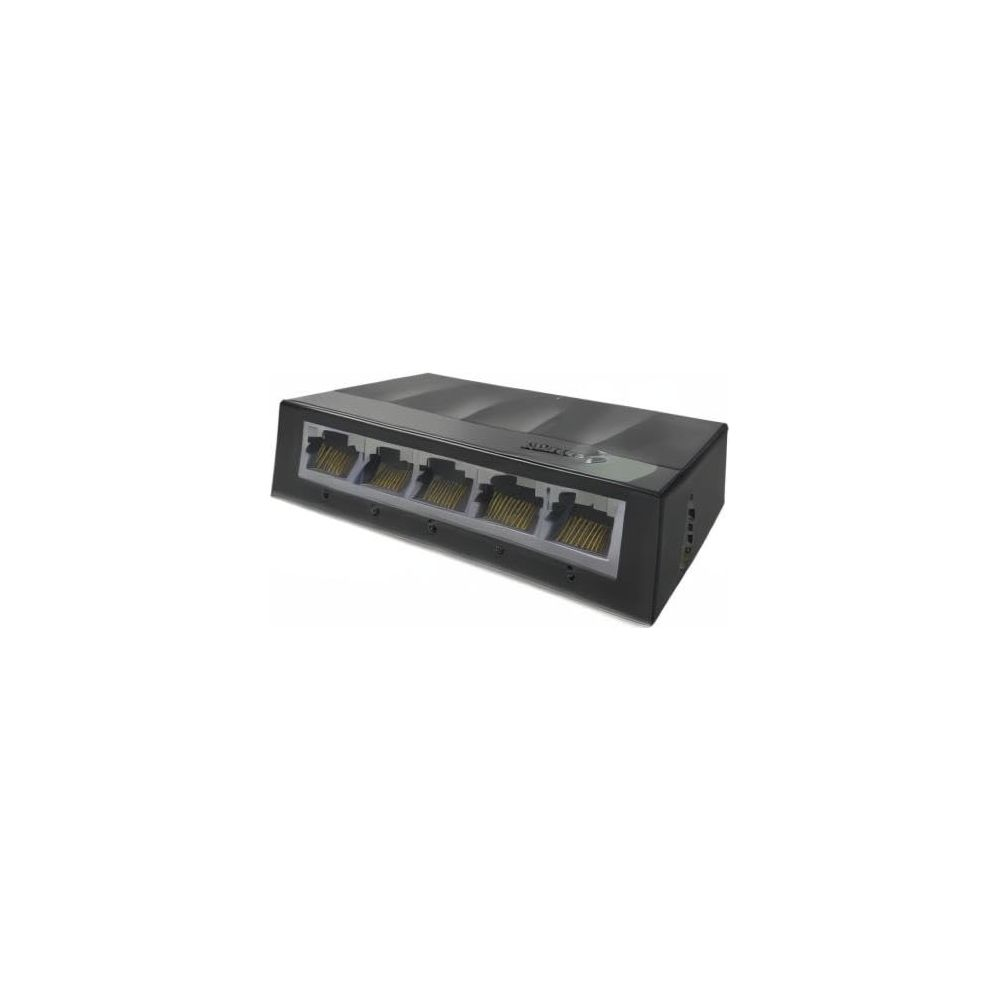Un commutateur réseau noir avec cinq ports Ethernet.