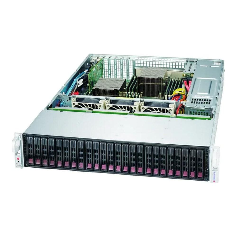 Server aperto con alloggiamenti per unità, ventole e schede madri visibili.