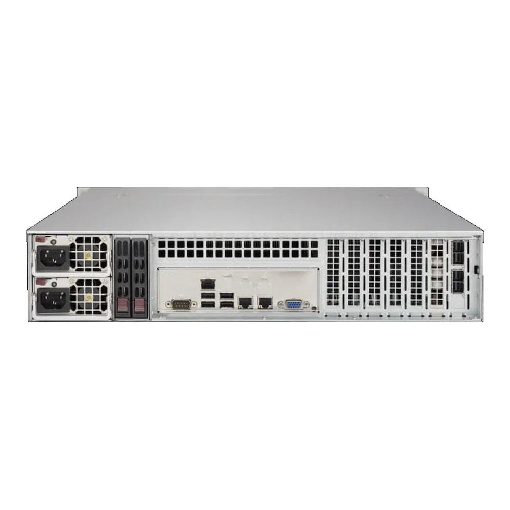 Vista posteriore di un server argentato con porte e fessure di ventilazione.