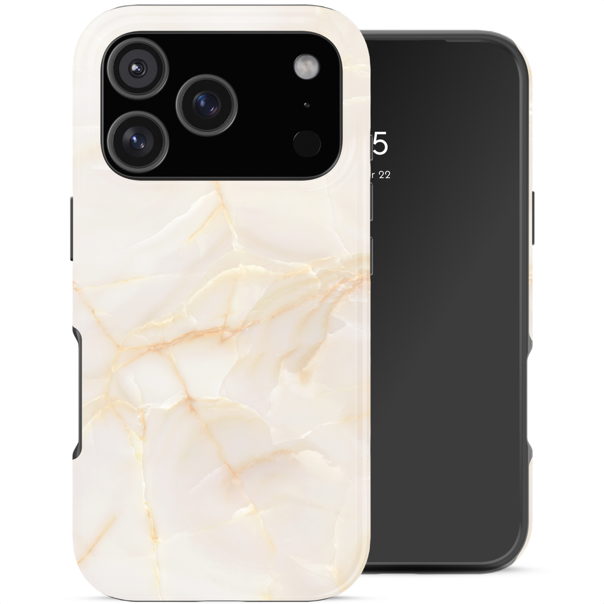Een witte telefoonhoes met marmerpatroon en drie camera's naast een donkere telefoon.