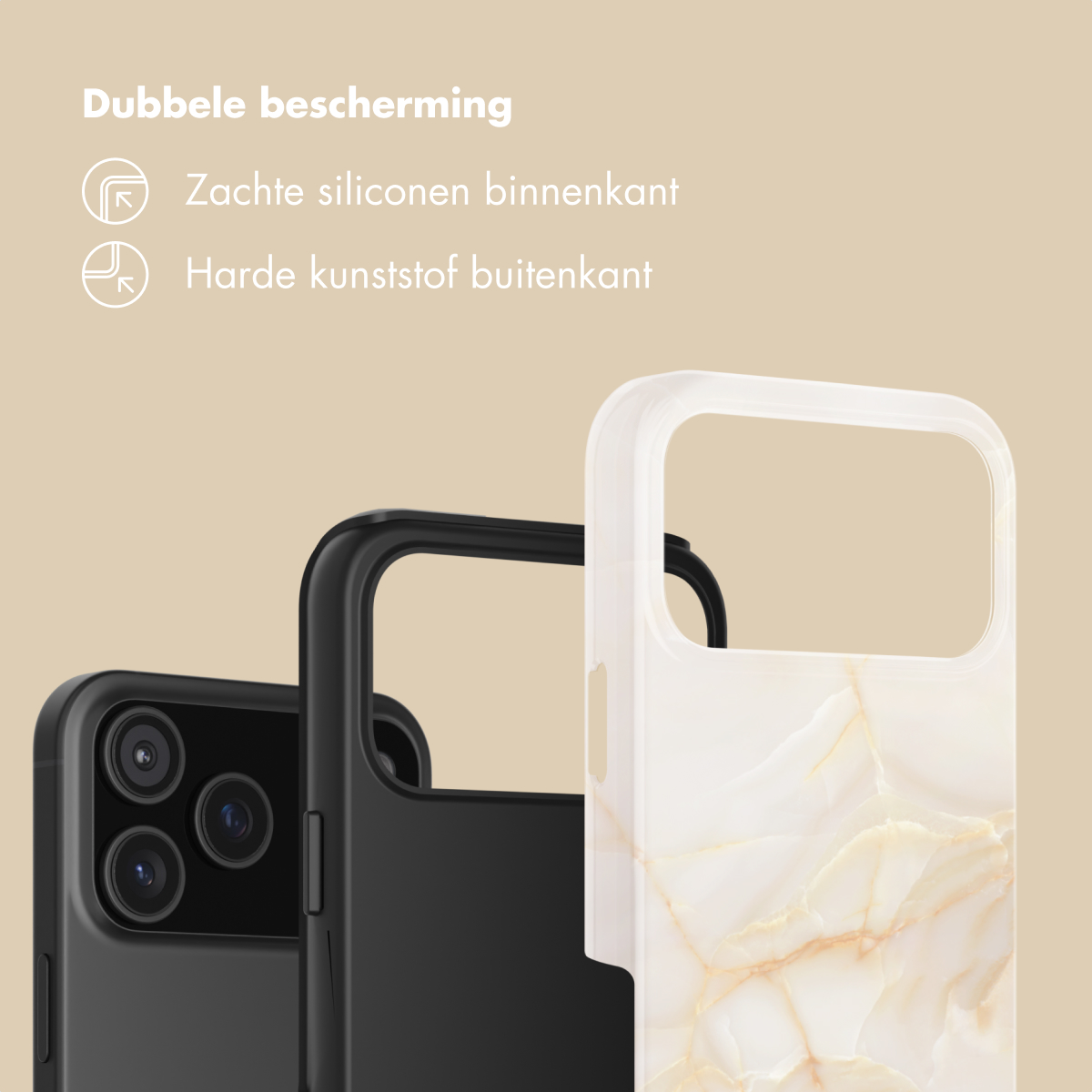 Drie telefoonhoesjes naast elkaar: zwart met camera's, zwart en wit marmerpatroon.