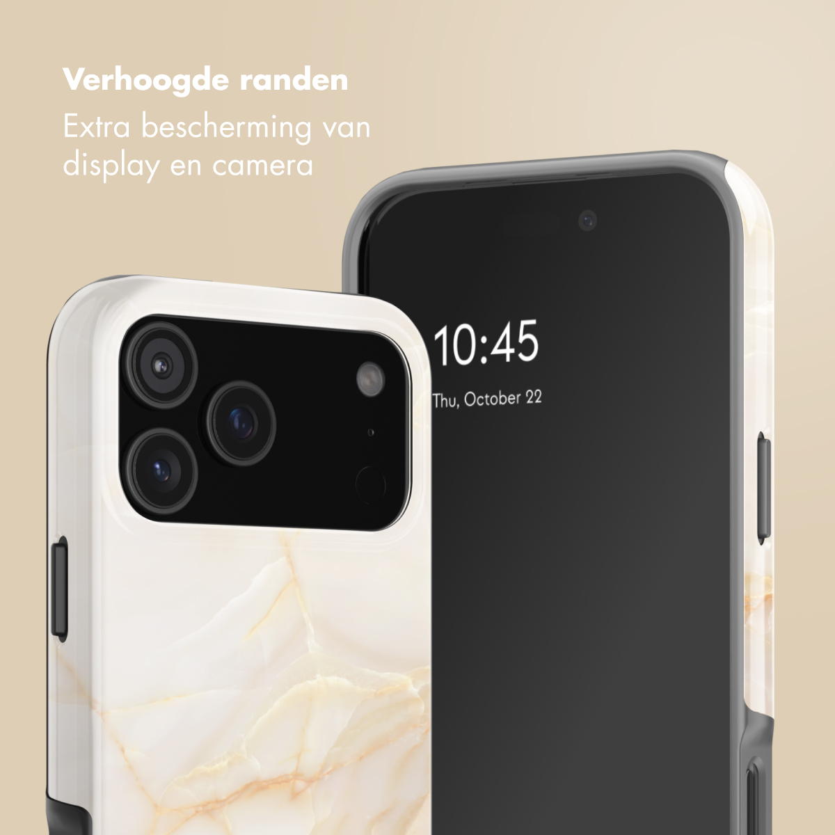 Een witte marmeren telefoonhoes met camera's naast een smartphone scherm.
