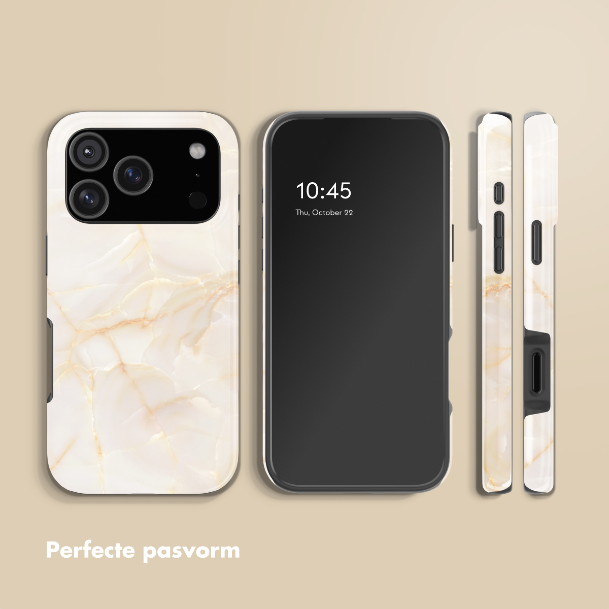 Een smartphone met marmeren hoesje, en een zijaanzicht.