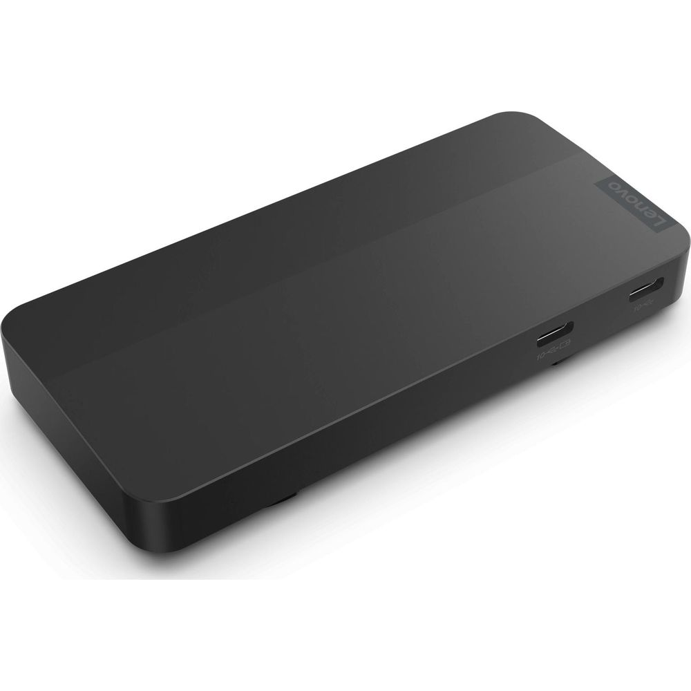 Schwarzes Lenovo-Dock mit Anschlüssen auf der rechten Seite.
