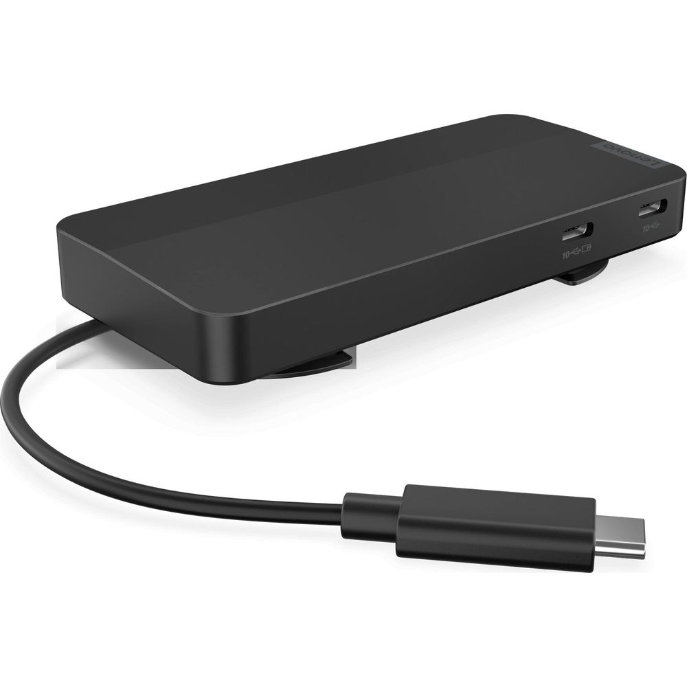 Schwarzer Lenovo USB-C Hub mit Kabel und Anschlüssen.