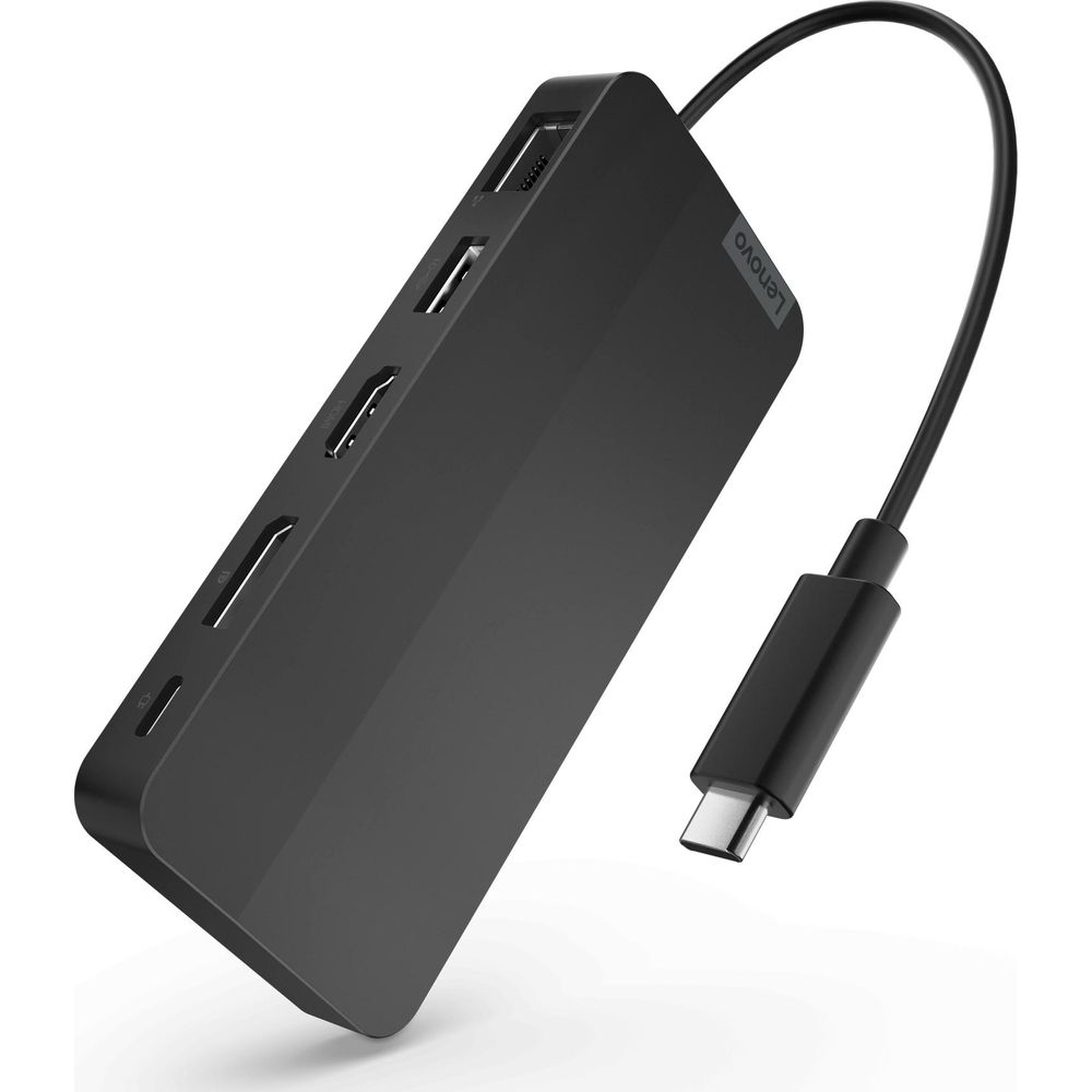 Schwarzer Lenovo USB-C-Hub mit mehreren Anschlüssen, HDMI und USB-A-Ports.