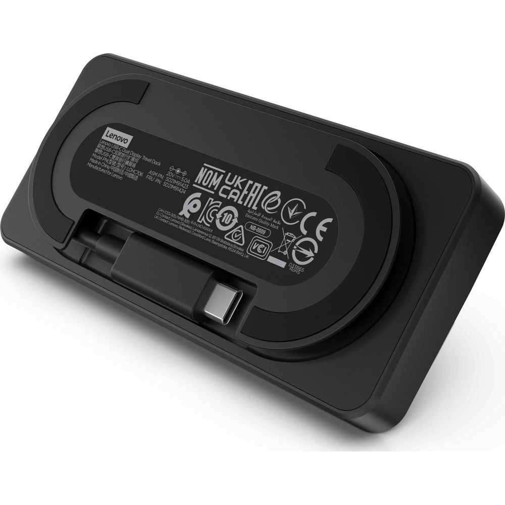 Schwarzer Lenovo USB-C Dock mit Anschlüssen und Zertifizierungsmarkierungen.