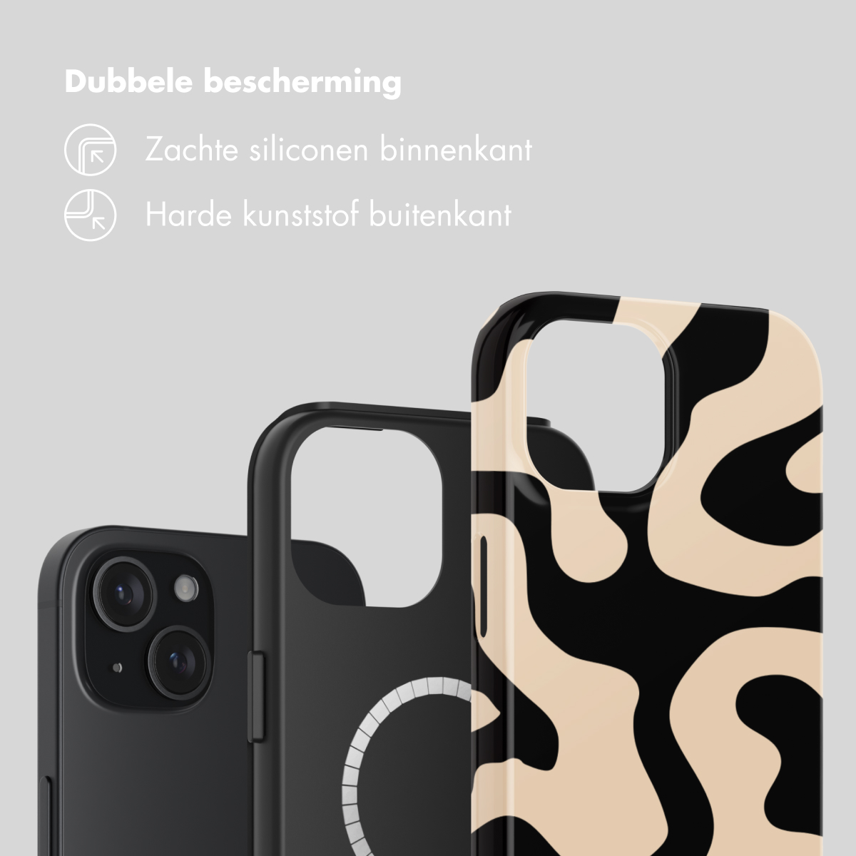 Three phone cases in a row, one black, one patterned.