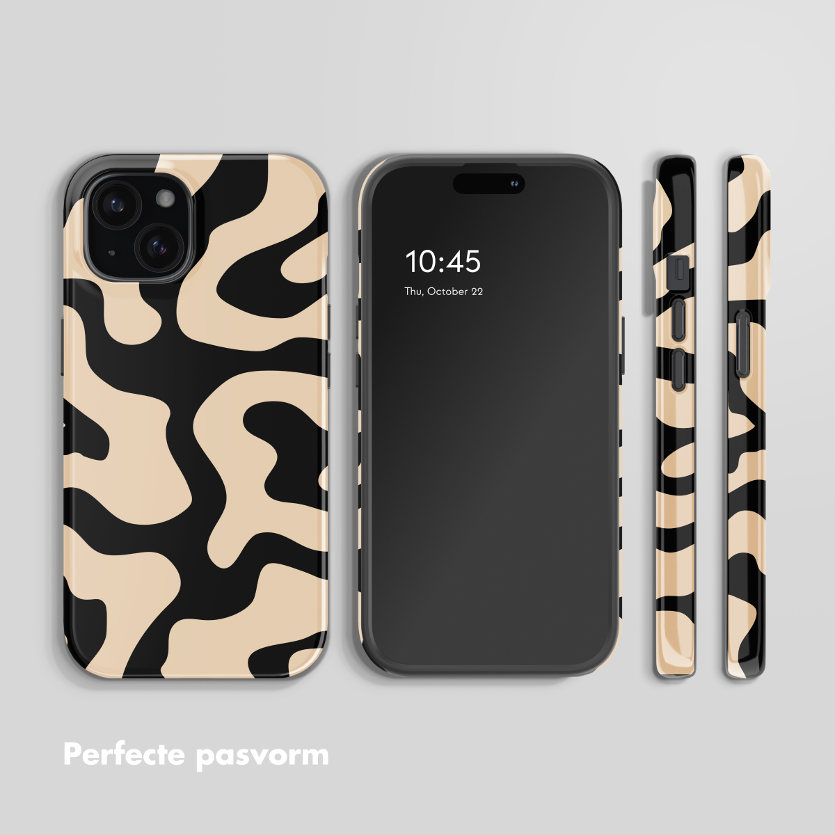 Three iPhone cases with a beige and black wavy pattern on a gray background.