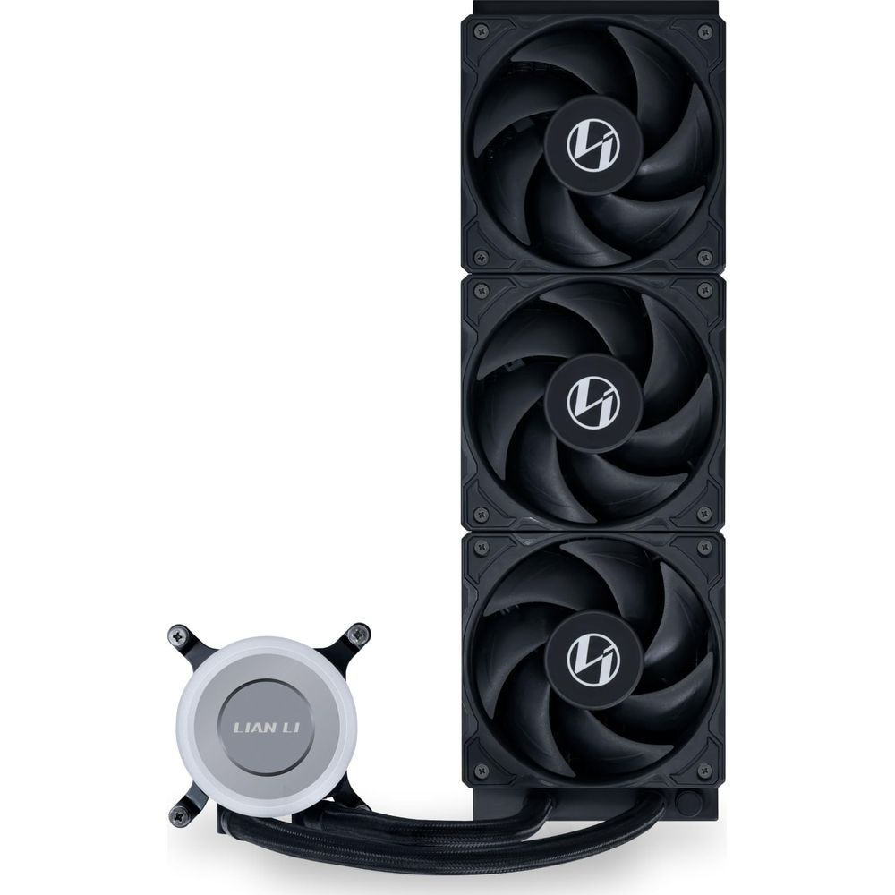Ein schwarzer CPU-Kühler mit drei Lüftern und einem silbernen Pumpenkopf.