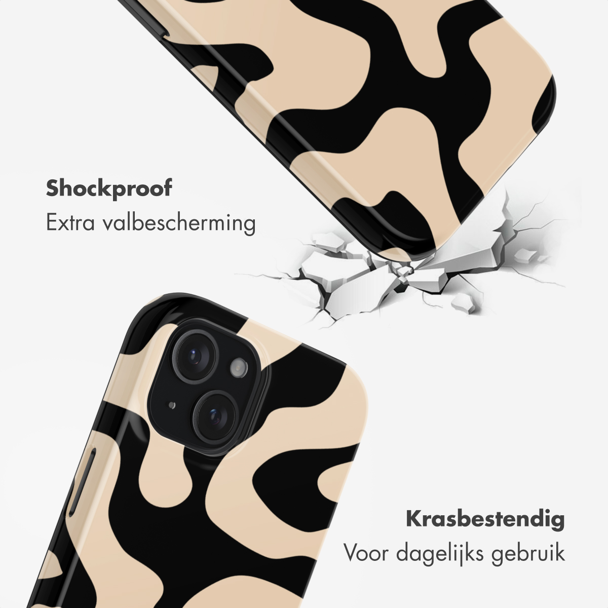 A beige and black patterned phone case on a white background.