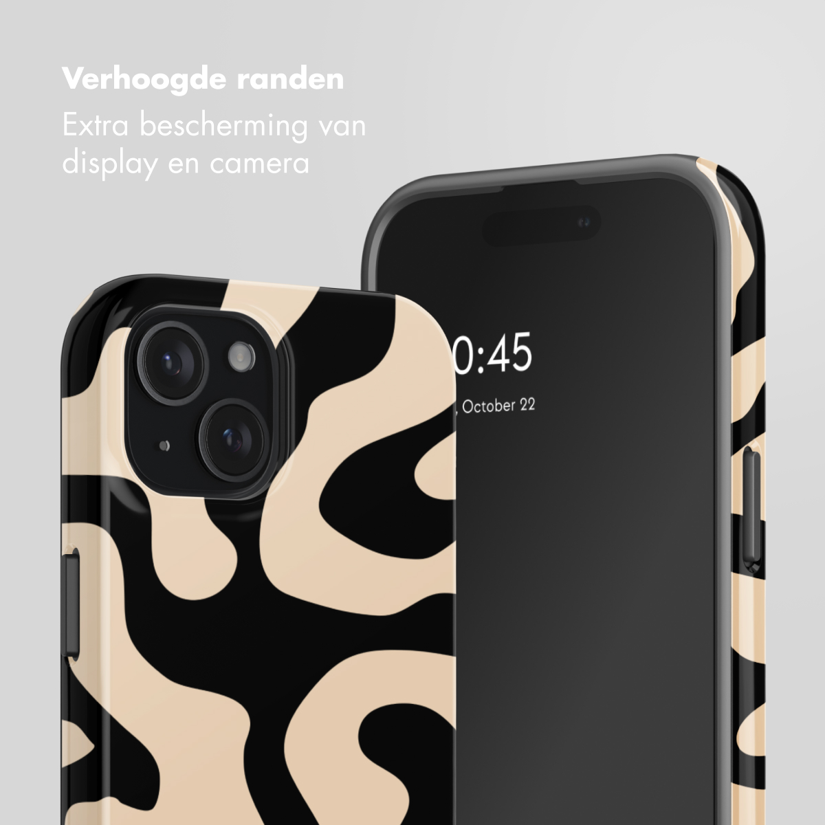 A phone with an abstract pattern of beige and black. Raised edges.