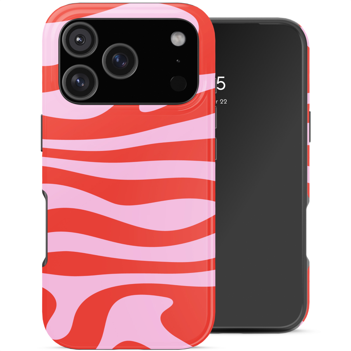 Rood met roze golvend patroon telefoonhoesje naast een smartphone.