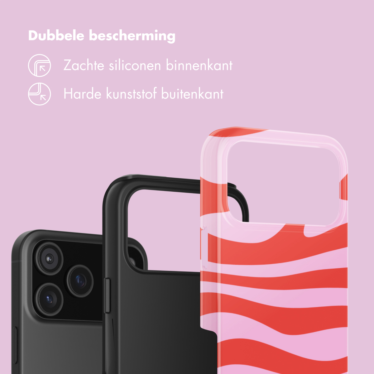 Drie telefoonhoesjes: één zwarte met camera, één zwarte en één kleurrijke.
