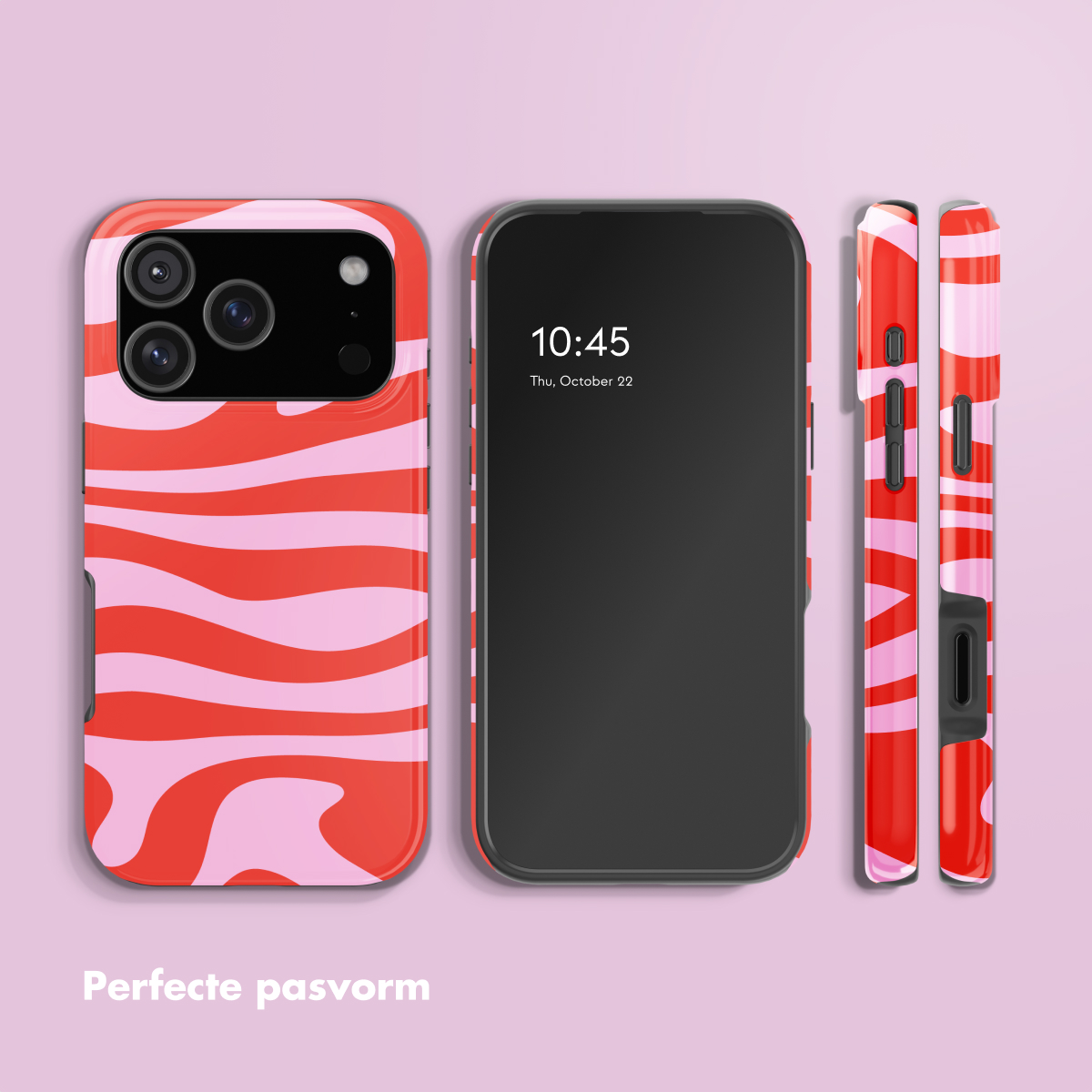 Drie telefoonhoesjes met rood en roze golvend patroon. Voor-, zij- en achterkant.