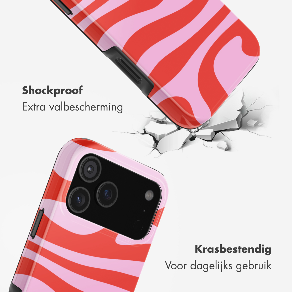 Rood en roze gestreepte telefoonhoes, schokbestendig en krasbestendig.