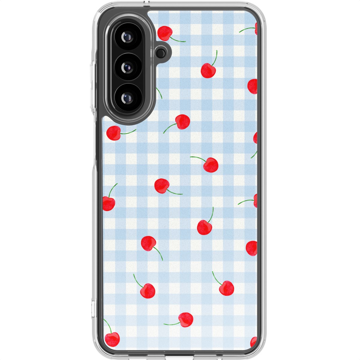 Een doorzichtige telefoonhoes met een blauw geruit patroon en rode kersen.